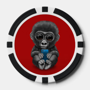 Cute Baby Gorilla Holding a Cell Phone Red Poker Chips