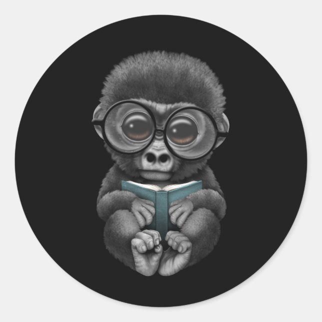 Cute Baby Gorilla Reading a Book on Black Classic Round Sticker (Front)
