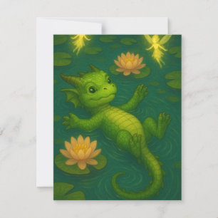 Cute baby green forest dragon puppy eyes swimming card