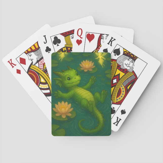 Cute baby green forest dragon puppy eyes swimming playing cards (Back)