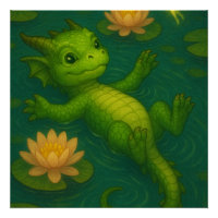 Cute baby green forest dragon puppy eyes swimming