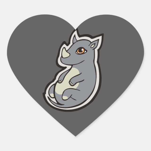 Cute Baby Grey Rhino Big Eyes Ink Drawing Design Heart Sticker (Front)