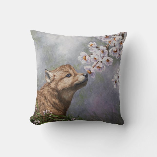 Cute Baby Grey Wolf Pup and Flowers Cushion (Front)