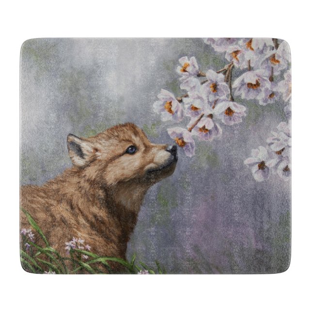 Cute Baby Grey Wolf Pup and Flowers Cutting Board (Front)
