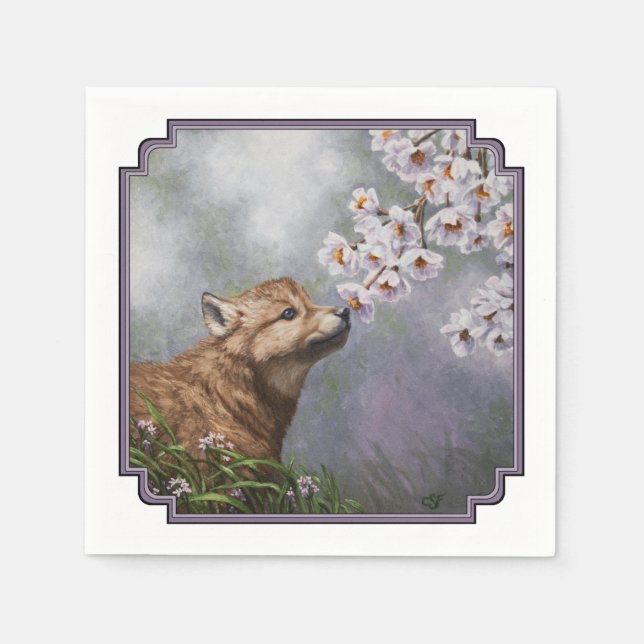 Cute Baby Grey Wolf Pup and Flowers Napkin (Front)