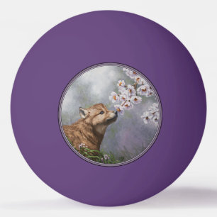 Cute Baby Grey Wolf Pup and Flowers Ping Pong Ball