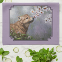 Cute Baby Grey Wolf Pup and Flowers