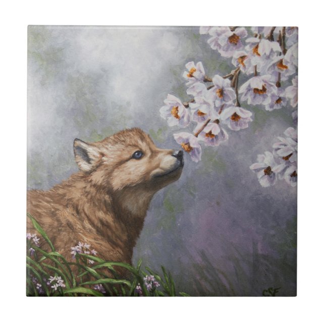 Cute Baby Grey Wolf Pup and Flowers Tile (Front)