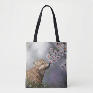 Cute Baby Grey Wolf Pup and Flowers Tote Bag