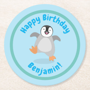 Cute baby happy emperor penguin cartoon round paper coaster
