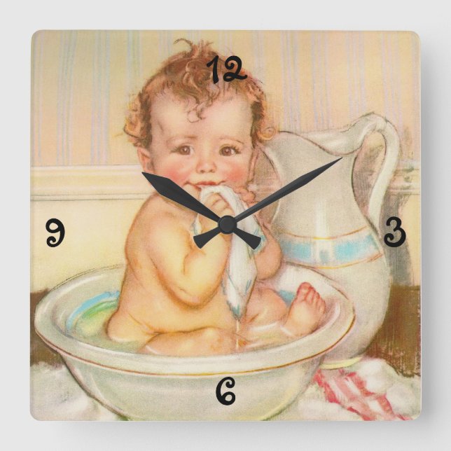 Cute Baby Having a Bath Square Wall Clock (Front)