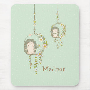 Cute Baby Hedgehog Green Name Mouse Pad