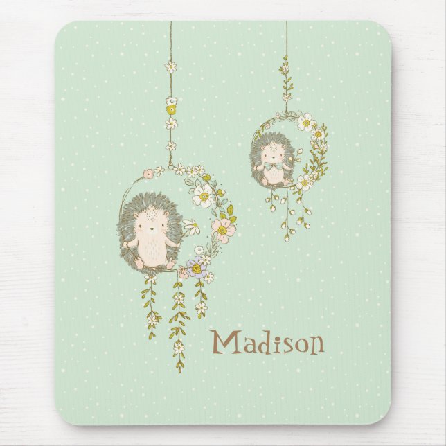 Cute Baby Hedgehog Green Name Mouse Pad (Front)
