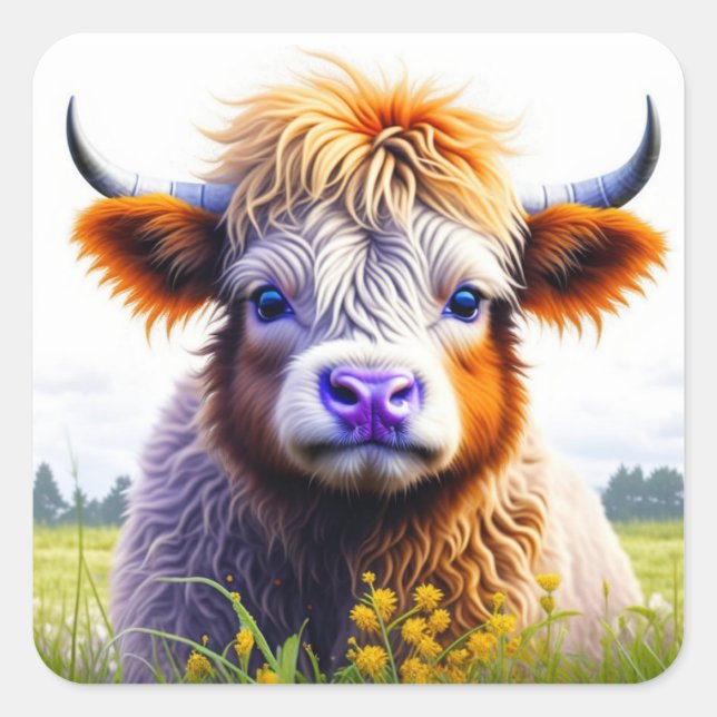 Cute Baby Highland Cow in Field or Flowers Square Sticker (Front)