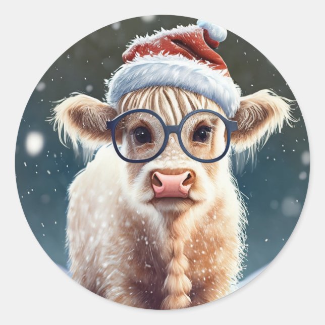 Cute baby Highland Cow In The Snow Classic Round Sticker (Front)