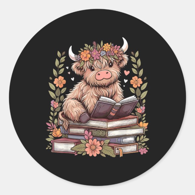 Cute Baby Highland Cow Reading Book Bookworm  Classic Round Sticker (Front)