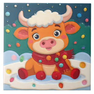 Cute Baby Highland Cow w Christmas Lights on Teal Tile