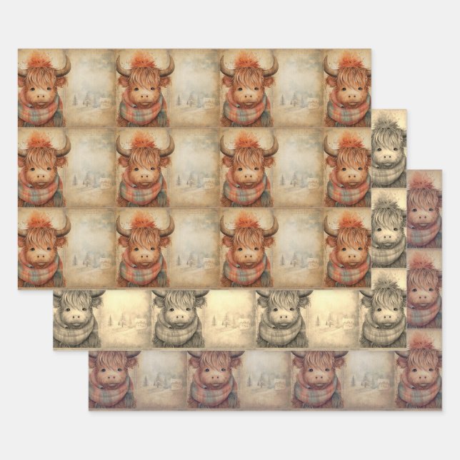 Cute Baby Highland Cow Winter Christmas Wrapping Paper Sheet (Set)