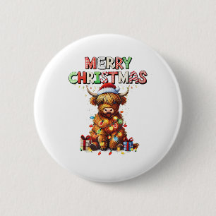 Cute Baby Highland Cow With Christmas Lights  6 Cm Round Badge