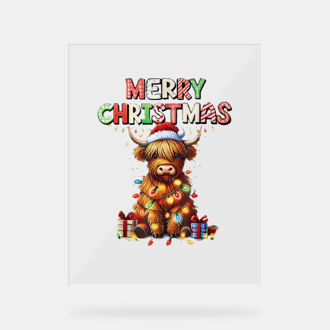 Cute Baby Highland Cow With Christmas Lights  Acrylic Sign (Front)