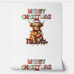 Cute Baby Highland Cow With Christmas Lights Wallpaper