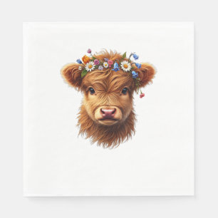 Cute Baby Highland Cow With Crown Of Flowers Calf Napkin