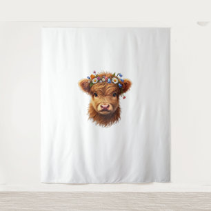 Cute Baby Highland Cow With Crown Of Flowers Calf Tapestry