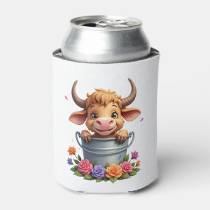 Cute Baby Highland Cow With flowers Calf Animal co Can Cooler