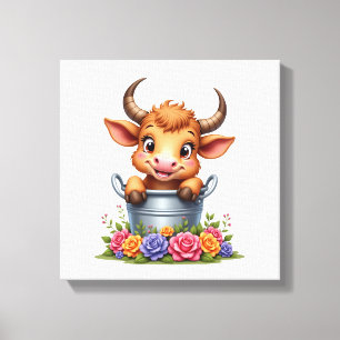 Cute Baby Highland Cow With flowers Calf Animal co Canvas Print