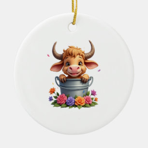 Cute Baby Highland Cow With flowers Calf Animal co Ceramic Tree Decoration