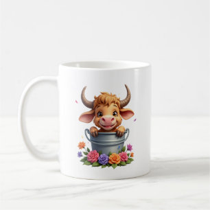 Cute Baby Highland Cow With flowers Calf Animal co Coffee Mug