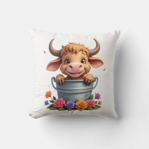 Cute Baby Highland Cow With flowers Calf Animal co Cushion
