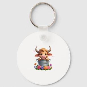 Cute Baby Highland Cow With flowers Calf Animal co Key Ring