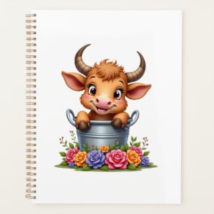 Cute Baby Highland Cow With flowers Calf Animal co Planner