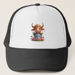 Cute Baby Highland Cow With flowers Calf Animal co Trucker Hat