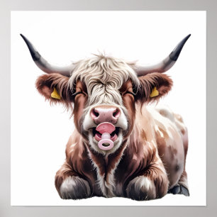 Cute Baby Highland Cow with Flowers – Farm Nursery Poster