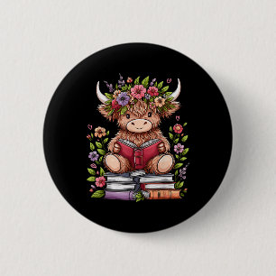 Cute Baby Highland Cow With Reading Book Bookworm 6 Cm Round Badge