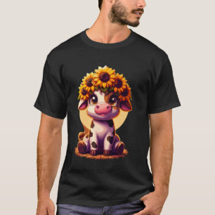 Cute Baby Highland Cow With Sunflower Calf Animal T-Shirt