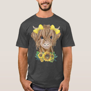 Cute Baby Highland Cow With Sunflowers Farm Farmer T-Shirt