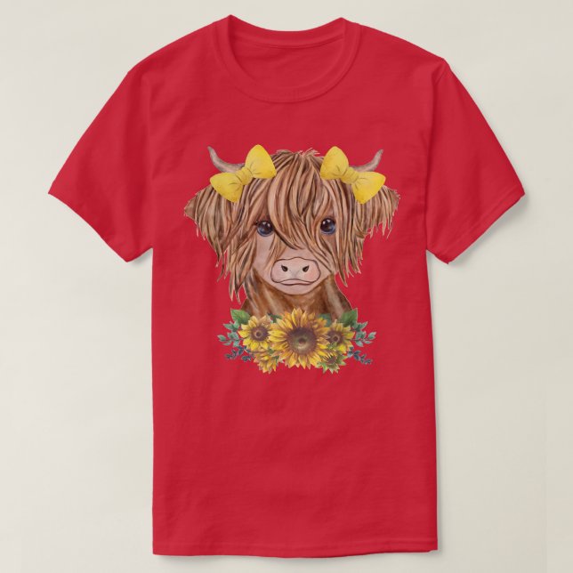 Cute Baby Highland Cow With Sunflowers Farm Farmer T-Shirt (Design Front)