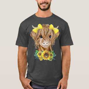 Cute Baby Highland Cow With Sunflowers Farm Farmer T-Shirt