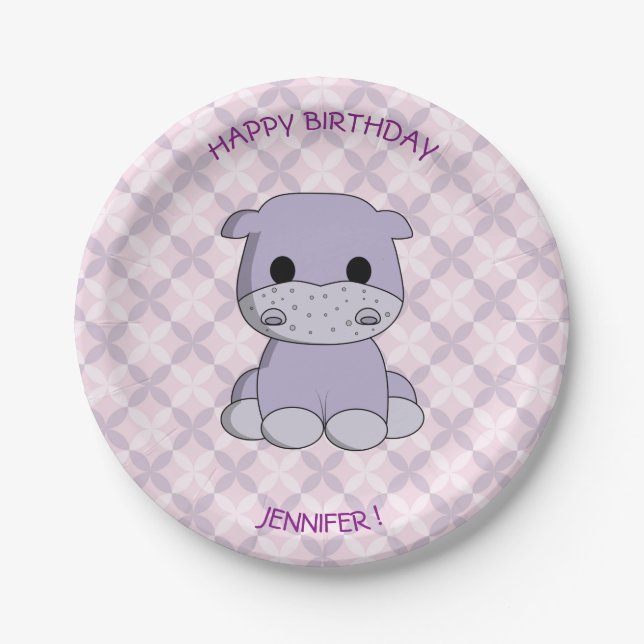 Cute baby hippo cartoon birthday girls paper plate (Front)