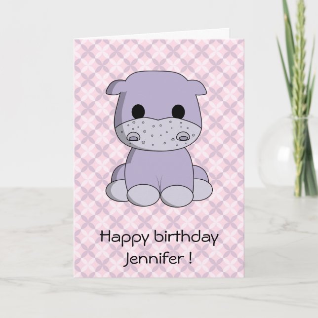 Cute baby hippo cartoon kids birthday card (Front)
