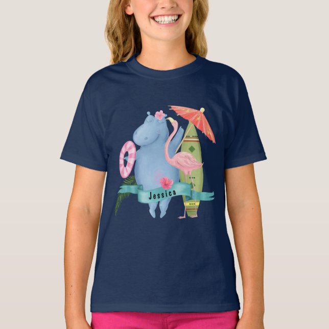 Cute Baby Hippo with Flamingo Custom Name   T-Shirt (Front)