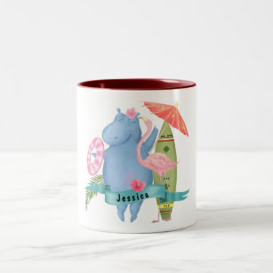 Cute Baby Hippo with Flamingo Custom Name    Two-Tone Coffee Mug