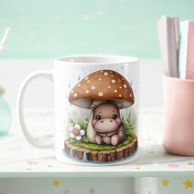 Cute Baby Hippopotamus Under Mushroom Umbrella Coffee Mug (Creator Uploaded)