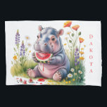 Cute Baby Hippopotamus Watermelon Baby Shower Gift Pillowcase<br><div class="desc">Adorable watercolor illustration of a cute baby hippopotamus happily eating a juicy slice of watermelon while sitting in a field of colorful wildflowers. This charming and playful design is perfect for baby shower invitations, nursery decor, baby announcements, and sweet summer-themed celebrations. The soft watercolor style, bright flowers, and whimsical baby...</div>