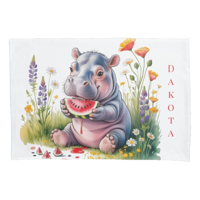 Cute Baby Hippopotamus Watermelon Baby Shower Gift Pillowcase (Front)