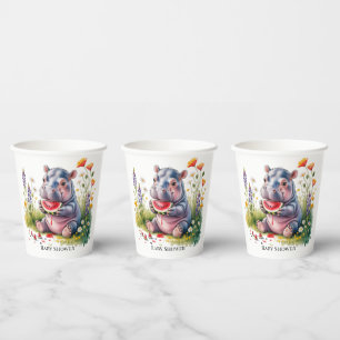 Cute Baby Hippopotamus Watermelon Baby Shower Paper Cups