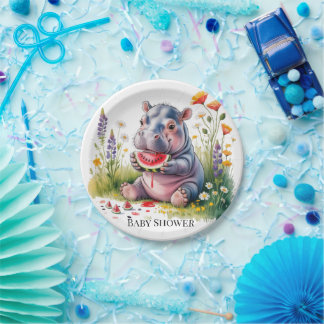 Cute Baby Hippopotamus Watermelon Baby Shower Paper Plate